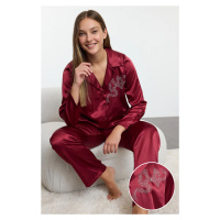 Trendyol Burgundy Stone Ribbon/Bow Accessory Detailed Satin Woven Pajama Set