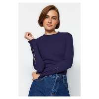 Trendyol Navy Blue Buttoned Ribbed High Neck Fitted/Situated Cotton Stretch Knit Blouse