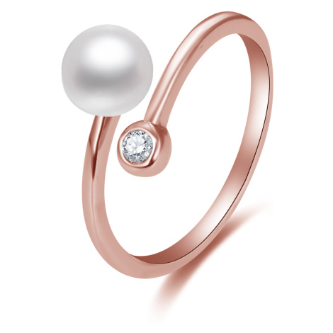 Beneto Otevřený bronzový prsten s pravou perlou a zirkonem AGG469P-RG