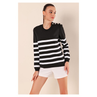 Bigdart 15820 Button Detail Striped Sweater - Black