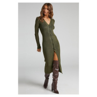 Madmext Khaki Buttoned V-Neck Long Knitwear Dress