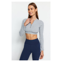 Trendyol Gray Melange Ribbed and Zipper Detailed Yoga Crop Knitted Sports Top/Blouse