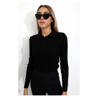 Laluvia Black Polo Neck Buttoned Corduroy Knitted Blouse