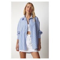 Happiness İstanbul Women's Sky Blue Striped Oversize Long Basic Shirt