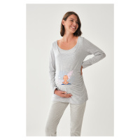 Dagi Gray Melange Wide Collar Long Sleeve Maternity T-shirt