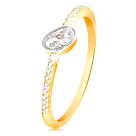 Zlatý prsten 585 - čirý oválný zirkon v objímce z bílého zlata, zirkonové linie Šperky eshop