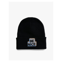 Koton Basic Knit Beanie Hat with Slogan Embroidered Fold Detail.