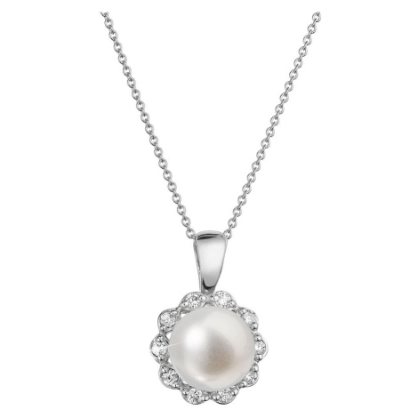 Evolution Group Zlatý 14 karátový náhrdelník kytička bílé zlato s bílou říční perlou a brilianty