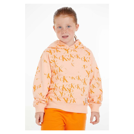 Dětská mikina Calvin Klein Jeans oranžová barva, s kapucí, vzorovaná