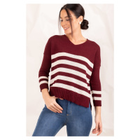 armonika Women's Claret Red V-Neck Striped Short Front Sweater