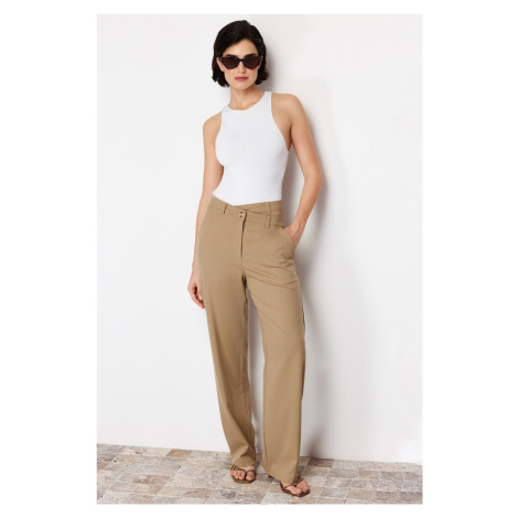 Trendyol Beige Premium Straight/Straight Fit Asymmetric Waist Detail Woven Trousers