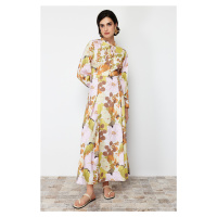 Trendyol Yellow Floral Pattern Flared Skirt Cotton Woven Dress