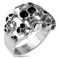 Prsten stříbrné barvy z oceli 316L - deset lebek s černou glazurou