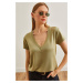 Olalook Women's Khaki Deep V Neck Modal Button T-Shirt