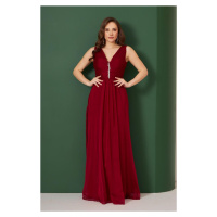 Carmen Burgundy Chiffon Collar Stone Long Evening Dress and Invitation Dress