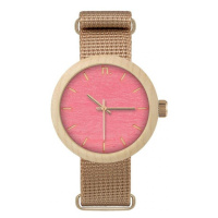 Dřevěné dámské hodinky béžovo-růžové barvy s textilním řemínkem