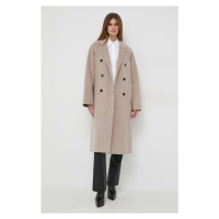 Vlněný kabát Karl Lagerfeld béžová barva, přechodný, dvouřadový