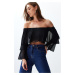 Trendyol Black Ruffle Detail Long Sleeve Lined Crop/Short Knitted Blouse