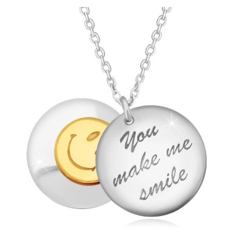 Stříbrný 925 náhrdelník - dva vypouklé kruhy, nápis "You make me smile", smajlík Šperky eshop