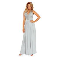 Dlouhé dámské šaty ve stříbrné barvě bez rukávů a s vyšívaným výstřihem model 6405966 - numoco