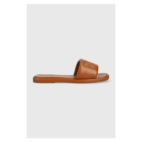 Kožené pantofle Tory Burch Double T Sport Slide dámské, hnědá barva, 79985-202