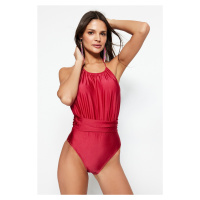 Trendyol Claret Red Halter Neck Plisované plavky s pravidelnými nohavicemi