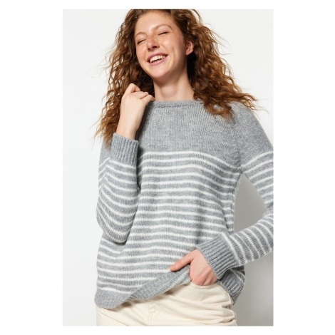 Trendyol Gray Soft Textured Striped Knitwear Sweater