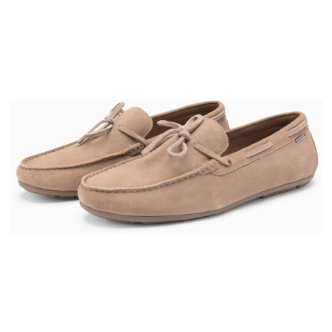 Ombre Men's leather moccasin shoes with thong and driver sole - beige