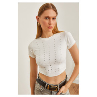 Olalook Women's White Stone Detailed Thin Corded Crop Blouse