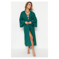 Trendyol Green Belted Maxi Woven Hooded 100% Cotton Kimono & Caftan