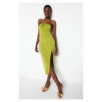 Trendyol Light Green Fitted Lined Elegant Evening Dress with Knitted Window/Cut Out Detail