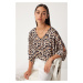 Happiness İstanbul Women's Black Beige Leopard Patterned Satin Blouse