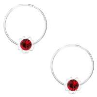 Kruhové náušnice, stříbro 925, červený kvítek, krystalek Swarovski
