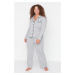 Trendyol Curve Gray Melange Shirt Collar Panda Printed Knitted Pajama Set