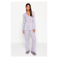 Trendyol Modré Pruhované Pyžamo s Rozparkem - Košile a Kalhoty