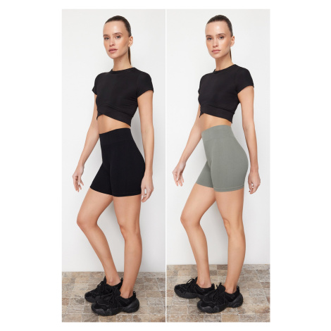 Trendyol Black-Khaki 2-Pack Seamless/Seamless Knitted Sports Shorts/Short Leggings