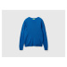 Benetton, Air Force Blue Crew Neck Sweater In Pure Merino Wool