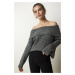 Happiness İstanbul Women's Anthracite Madonna Collar Knitwear Sweater