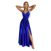 JULIET - Elegantní dlouhé dámské saténové šaty v chrpové barvě s výstřihem a rozparkem na noze 5