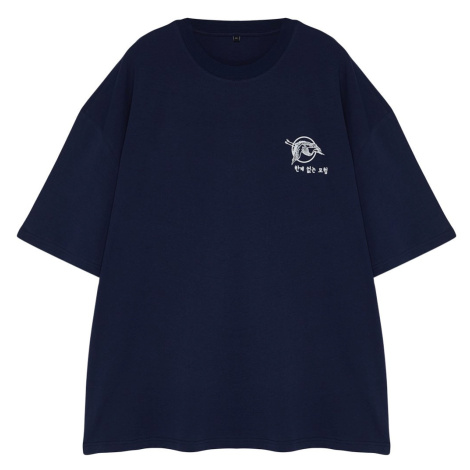 Trendyol Plus Size Navy Blue Oversize/Wide Cut Comfortable Far East Printed 100% Cotton T-Shirt