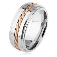 Lesklý wolframový prsten, postříbřený, vyvýšená středová část, pletený vzor