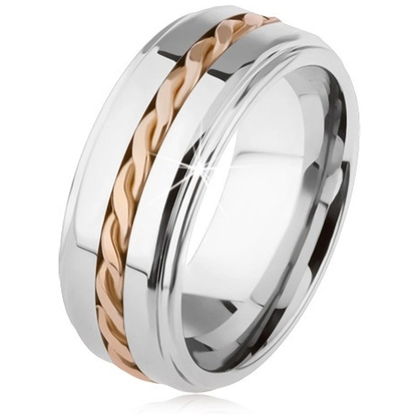Lesklý wolframový prsten, postříbřený, vyvýšená středová část, pletený vzor Šperky eshop