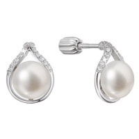 Stříbrné náušnice pecky slza s říční perlou a zirkony bílé 21096.1B