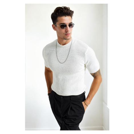33307 Dewberry Mens Crew Neck Short Sleeve Thin Knit Sweater-WHITE