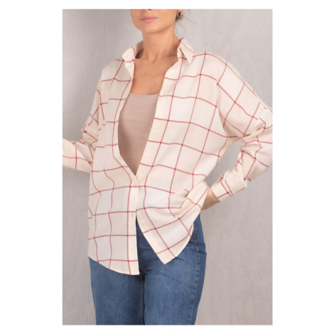 armonika Women's Cream Square Pattern Oversize Long Basic Shirt