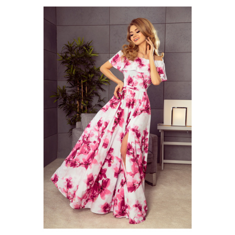 Dlouhé šaty s volánem - velké růžové květy - 194-2 NUMOCO