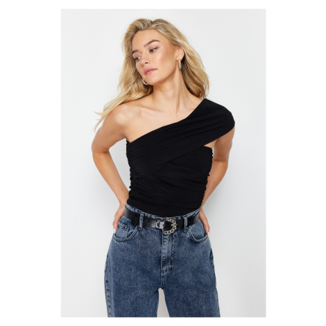 Trendyol Black One-Shoulder Detail Elastic Knitted Blouse