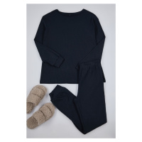 Trendyol Navy Blue Cotton Ribbed Wide Pattern Knitted Pajama Set