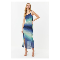 Trendyol Blue Gradient Transition Body-Shouldered Gathered Maxi Stretch Knit Dress