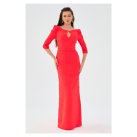 Carmen Coral Crepe Pearl Embroidered Long Evening Dress